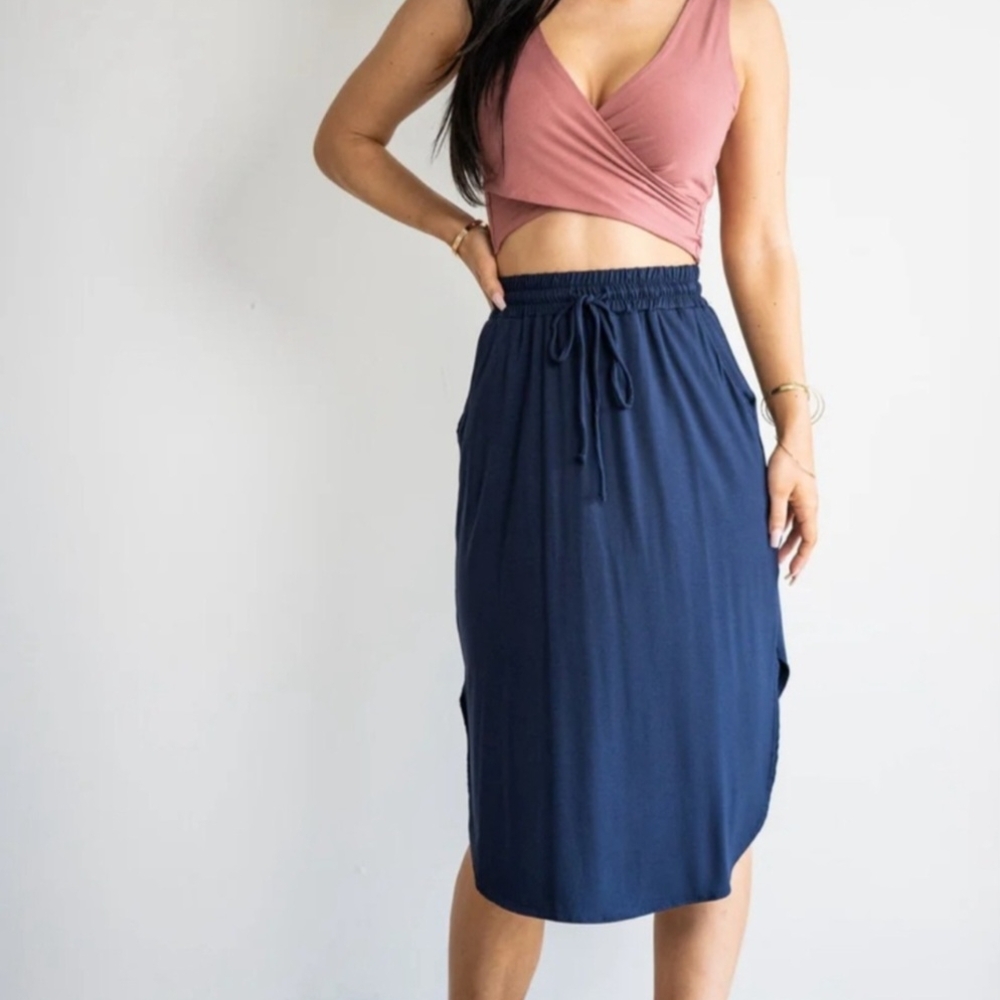 Blue Tie Front Midi Pencil Skirt for Casual Wear